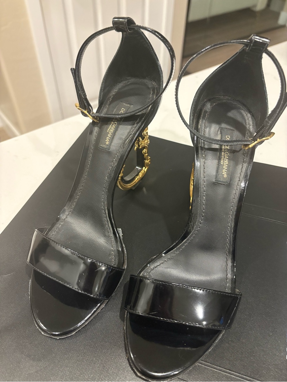 Dolce & Gabbana Black Patent Leather Gold Sculpted-Heel Sandals
